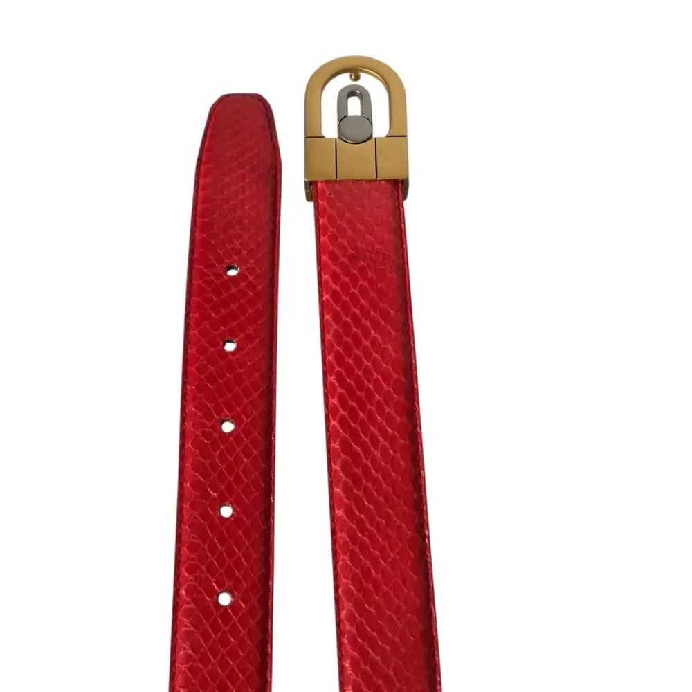 Vintage Womens Red Genuine Snakeskin Belt Gold Metal Buckle Waist Belt 37